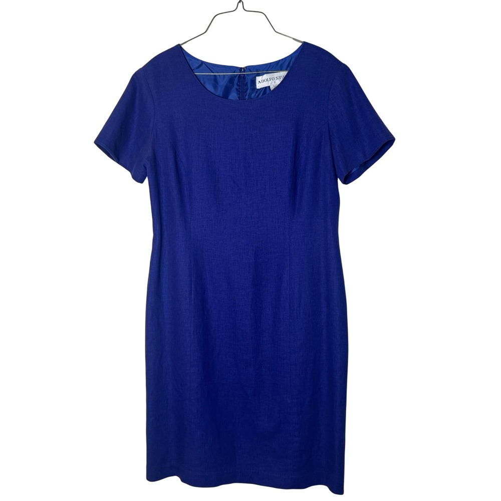 Adolfo Studio Vintage Royal Blue Linen Blend Sheath Dress Size‎ 10